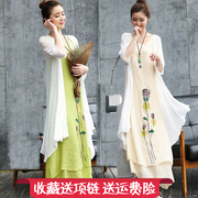棉麻连衣裙女装，中长款2023春装民族风，两件套长裙夏季套装裙子