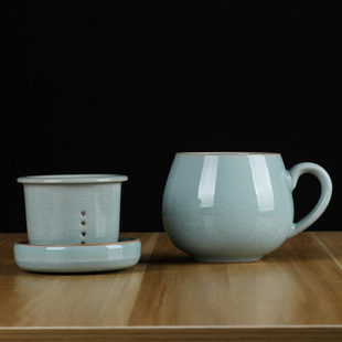 龙泉青瓷陶瓷茶杯马克杯带盖过滤哥窑杯子办公室泡茶水分离同心杯
