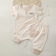 婴儿彩棉衣服宝宝纯棉夏装，七分哈伦裤子，套装套头条纹短袖t恤