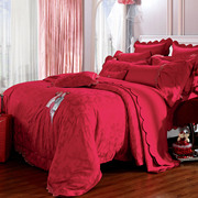 水星家纺婚庆提花十件套纯棉1.8m双人床品大红色结婚床单花边被套