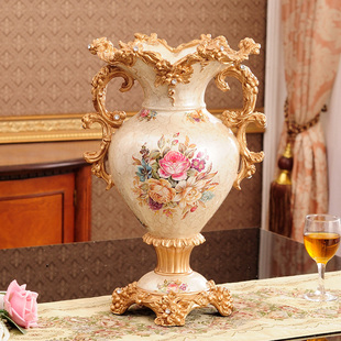 欧式典雅树脂奢华双耳大号花瓶室内摆设客厅装饰复古摆件台面餐桌