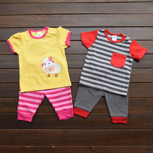 夏季婴童装1-2岁男童女童短袖t恤+五分裤可开裆条纹宝宝套装