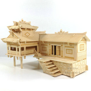 立体拼图木质拼装房子3d木制仿真建筑，模型手工木头屋diy益智玩具