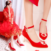 细跟婚鞋女2023韩版红色高跟鞋中跟结婚鞋子红鞋新娘鞋敬酒鞋
