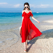 雪纺吊带露肩连衣裙大红色燕尾，长裙海南三亚旅游不规则裙子沙滩裙