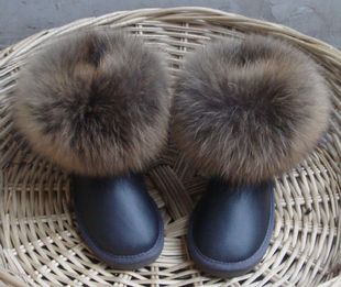 冬季金属灰色皮毛一体牛皮真皮狐狸毛雪地靴女短筒棉鞋保暖女棉靴