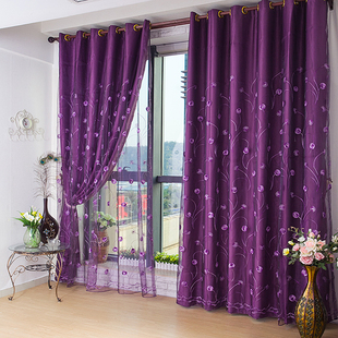 欧式紫色遮光布窗帘(布窗帘)高档绣花窗纱帘，卧室客厅成品定制田园