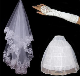 婚纱礼服花边头纱弹力缎面，手套网纱裙，撑三件套39元