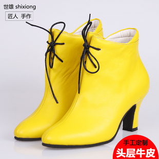欧美风英伦女士鞋子柠檬黄色牛皮系带靴及踝短靴秋冬单靴