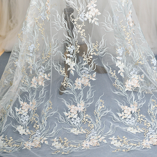 粉蓝撞色高档立体刺绣蕾丝，花朵婚纱手工，diy材料服装布料面料辅料