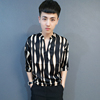 男士夏绸缎卫衣短袖潮流韩版个性条纹中袖T恤修身上衣男青年