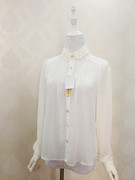 日本原单小众(单小众)甜美白色珍珠花朵娃娃领雪纺长袖衬衫衬衣上衣女