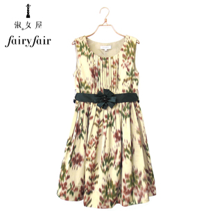 夏季fairyfair黄色印染配腰带桑蚕丝高档连衣裙