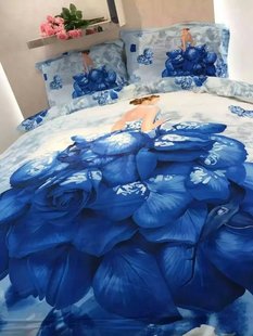 个性3d出口欧美水墨油画纯棉，被套床单床品美女四件套蓝玫瑰