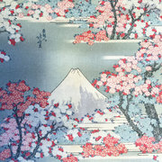 日本和风手工diy布料，富士山樱花全棉弹力府绸，印花服装面料半米价