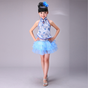 女童青花瓷童装蓬蓬裙肚兜夏六一儿童演出服装幼儿园表演服饰