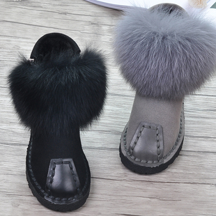 2021皮草冬季雪地靴，短靴平跟狐狸毛短筒厚底，毛毛靴马丁靴女靴子