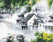 彩绘diy数字油画填色中国江南风景创意，手工礼物梦里水乡