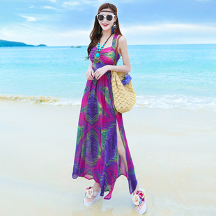 紫色连衣裙女夏仙雪纺紫罗兰长裙梦幻紫海边度假沙滩裙