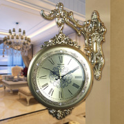 美式电镀仿金属双面挂钟，静音欧式客厅两面挂表创意，墙钟石英钟表