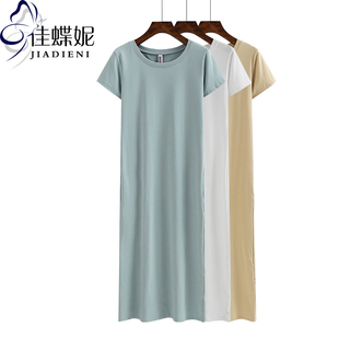 夏季韩版圆领加长款开叉，修身短袖体恤，纯白纯色女装连衣裙t恤