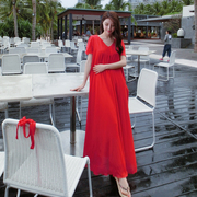 大码宽松短袖雪纺连衣裙长裙红色大摆波西米亚海边度假沙滩裙泰国