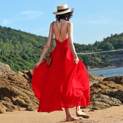 女夏小红裙红色超仙海边沙滩长裙三亚度假百褶吊带，性感露背连衣裙