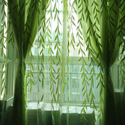 绿色柳叶胶印纱帘窗纱客厅餐厅，阳台成品遮光窗帘布料不可洗
