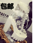 2023香港透明手工水钻珍珠，系带蕾丝花边厚底粗跟高跟松糕单鞋