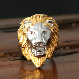 欧美时尚摇滚金银色狮子头动物钛钢不锈钢男士戒指朋克指环戒子