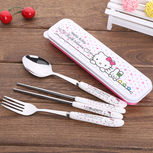 kitty勺叉子筷子盒套装不锈钢餐具卡通可爱创意便携餐具三件套