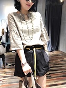 茗苒中袖衬衫女夏季韩版纯色百搭显瘦个性拼接喇叭，袖通勤亚麻上衣