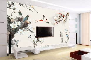 玉兰花中式国画壁纸电视背景墙沙发壁画客厅无纺布花鸟整张墙纸画