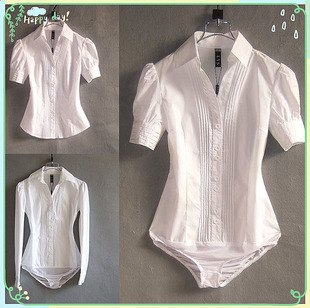 春夏韩版女士短袖衬衫职业装工作服白商务(白商务)衫，时尚长袖连体衬衣v领