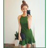 夏季2018韩版修身显瘦绿色短款打底裙背心裙，吊带荷叶边连衣裙