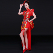 中国风民族套装打鼓服古典舞蹈演出服女现代舞旗袍扇子舞