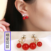 韩国s925银耳钉女气质简约樱桃红珍珠锆石耳环，小巧防过敏纯银耳饰