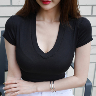 发 韩国 性感紧身显胸显瘦 深V领基本款黑色短袖T恤CD506