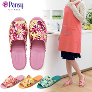 pansy日本四季女士，室内木地板防滑软底静音，舒适手工花朵家居拖鞋