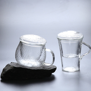 锤纹加厚耐热玻璃三件式花茶杯带盖内胆过滤泡茶杯水杯办公马克杯
