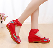 老北京布鞋女7厘米绣花鞋芙蓉花，烫钻民族风，红色内增高新娘高跟鞋