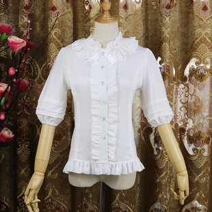 夏短袖(夏短袖)lolita原创洋装荷叶领雪纺，衬衫五分袖修身内搭上衣