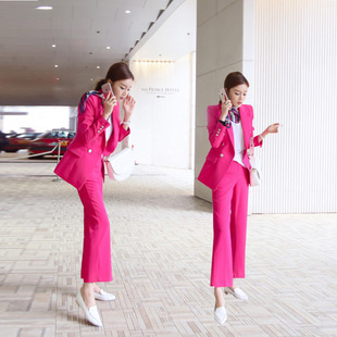 2023韩国时尚职业西装，外套女玫红色中长款显瘦双排，扣西服裤两件套