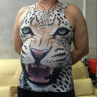 豹纹背心3d立体动物短袖老虎头猩猩，夏男士(夏男士)无袖，t恤跨栏马甲衣服潮