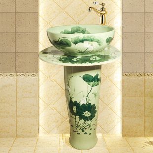 景德镇陶瓷 立柱套盆 手绘一体台盆面盆卫生间艺术洗脸盆 洗手盆