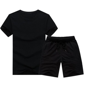 夏季男士一套全黑色t恤和短裤子运动套装韩版潮流纯色上衣服