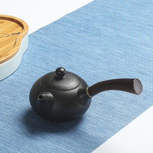 粗陶侧把壶手工黑陶日式仿古木柄茶壶陶瓷单壶功夫茶具普洱泡茶器