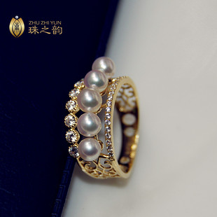 镜面光日本akoya天然海水，珍珠戒指18k金宽版正圆，极光小灯泡樱花粉
