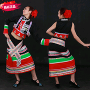定制少数民族傣族修身红黑相间服饰中长款民族女装舞台舞蹈演出服