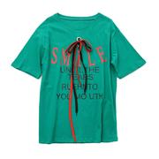 字母绑带系绳绿色圆领短袖T恤女装宽松韩版学生字母体恤上衣棉T恤